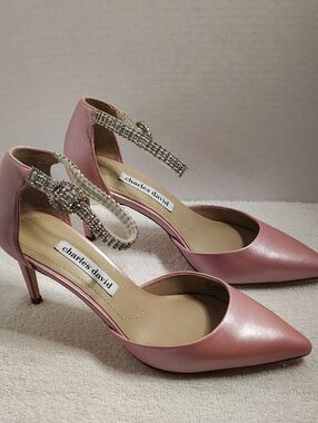Charles David Pumps Pink Satin Pointed-Toe Crystal-Ankle Women's Acker, Rogue 7M